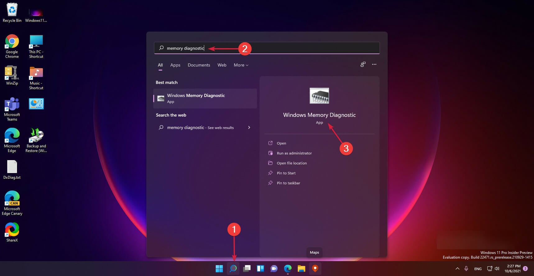 Запуск Диагностики памяти Windows через Поиск