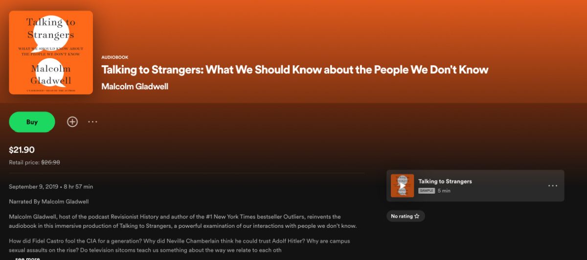 Страница покупки аудиокниги на Spotify с примером оформления