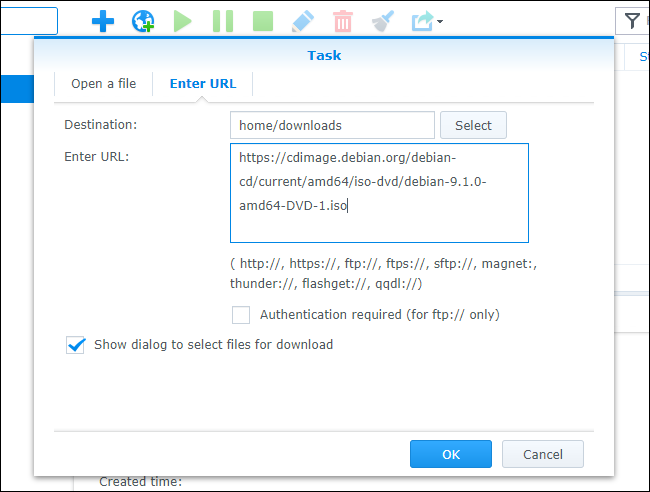Окно добавления задачи загрузки с параметрами