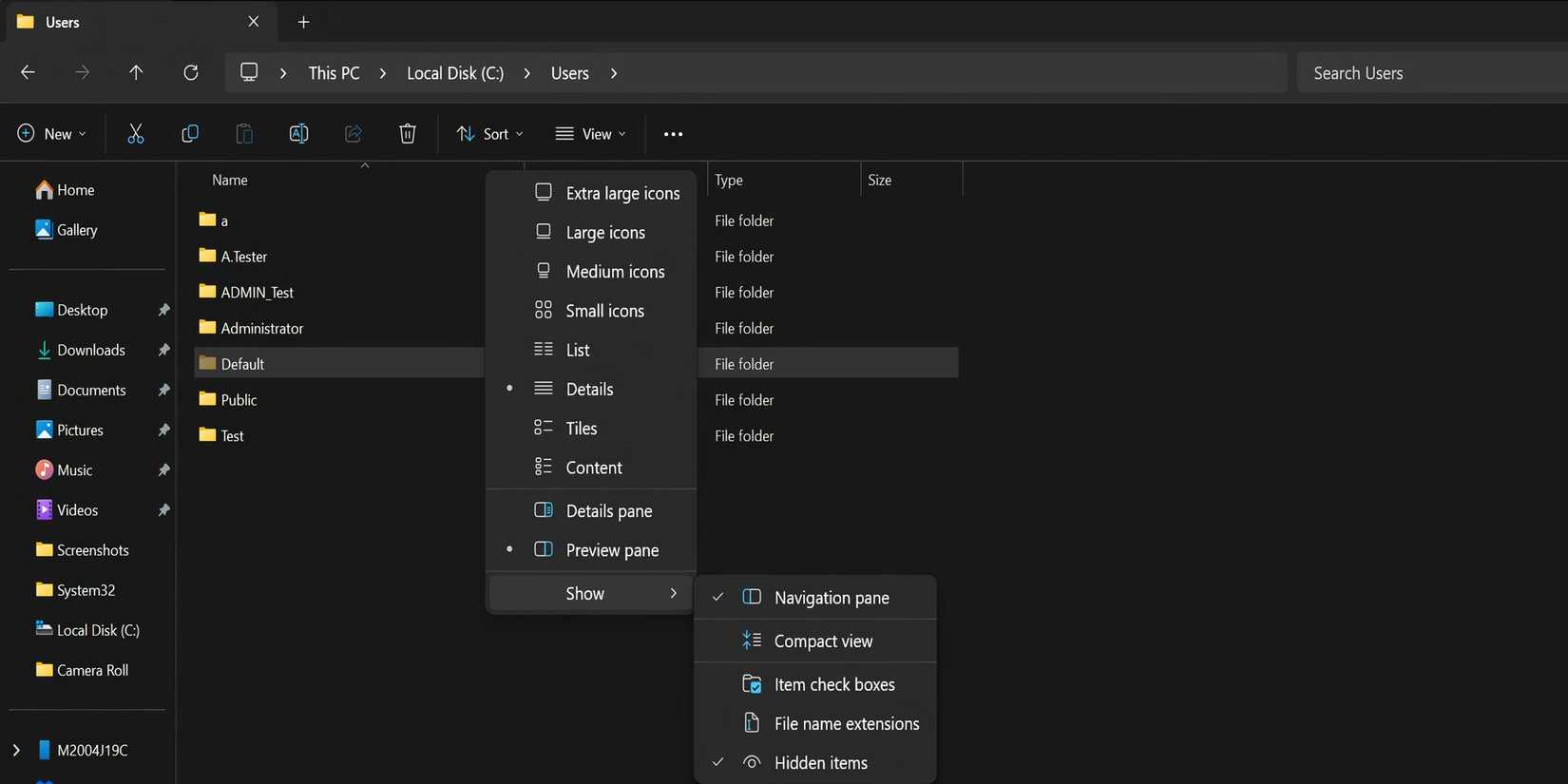 Окно Проводника с опцией Показать скрытые элементы