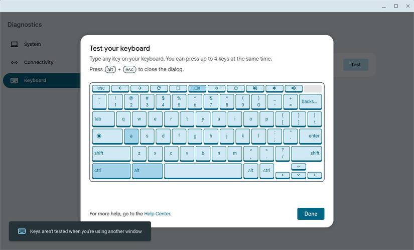 Проверка работы клавиатуры через приложение диагностики Chromebook.