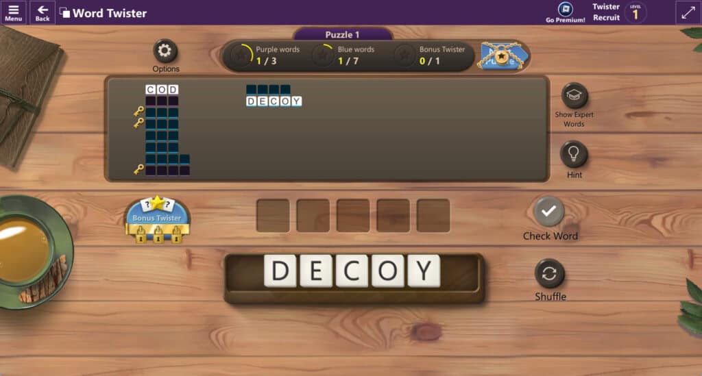 Игровой экран Wordament: сетка букв и подсчёт очков