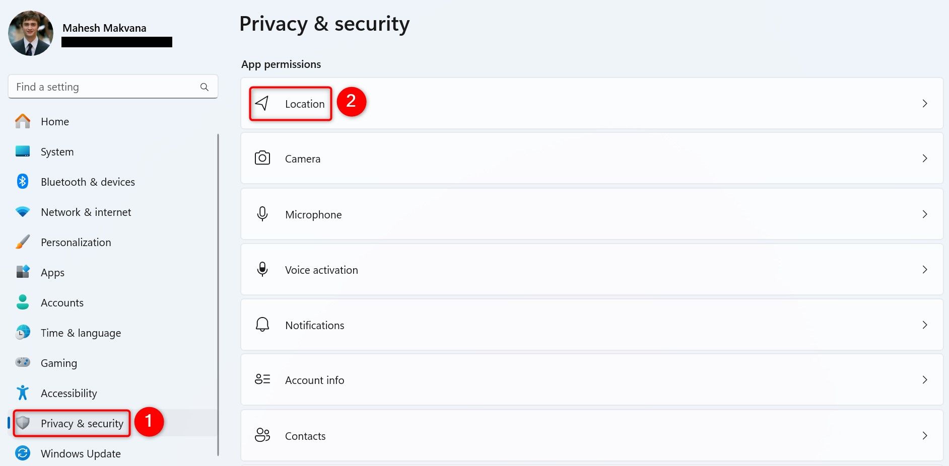 Раздел «Приватность и безопасность» и пункт «Местоположение» выделены в настройках.