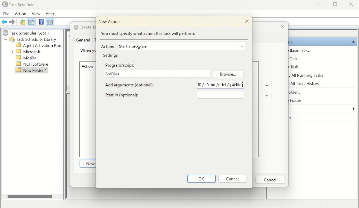 Настройки действия в Планировщике