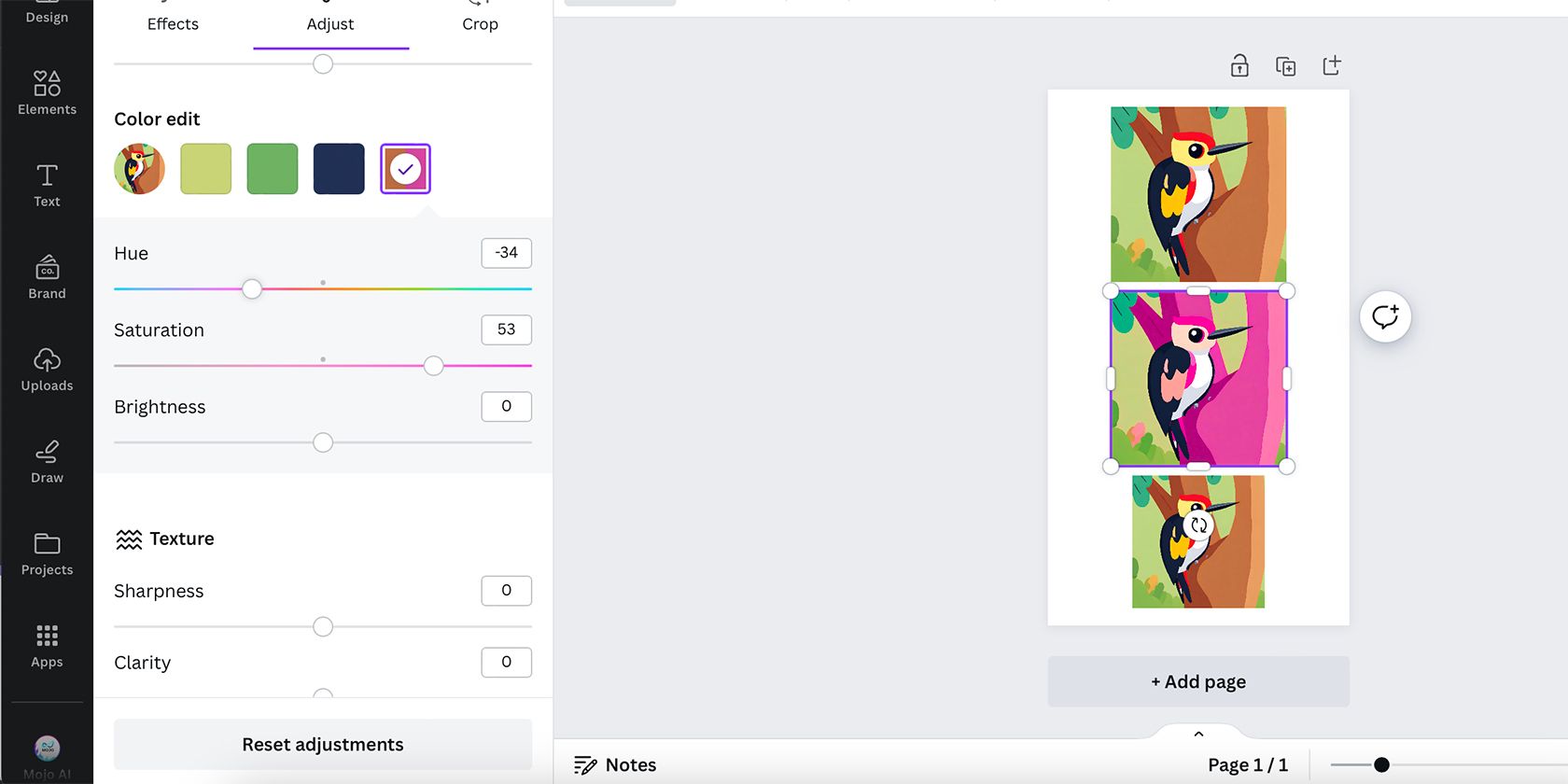 Инструмент Color Edit: ползунки Hue и Saturation