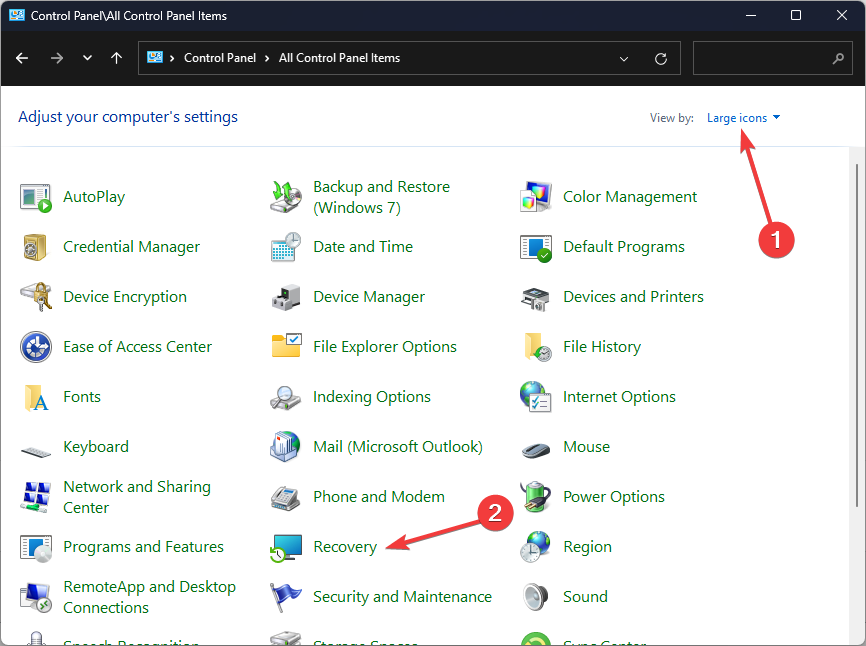 Раздел «Восстановление» в Панели управления