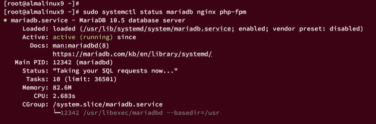 Вывод статуса сервисов MariaDB, Nginx и PHP-FPM в терминале