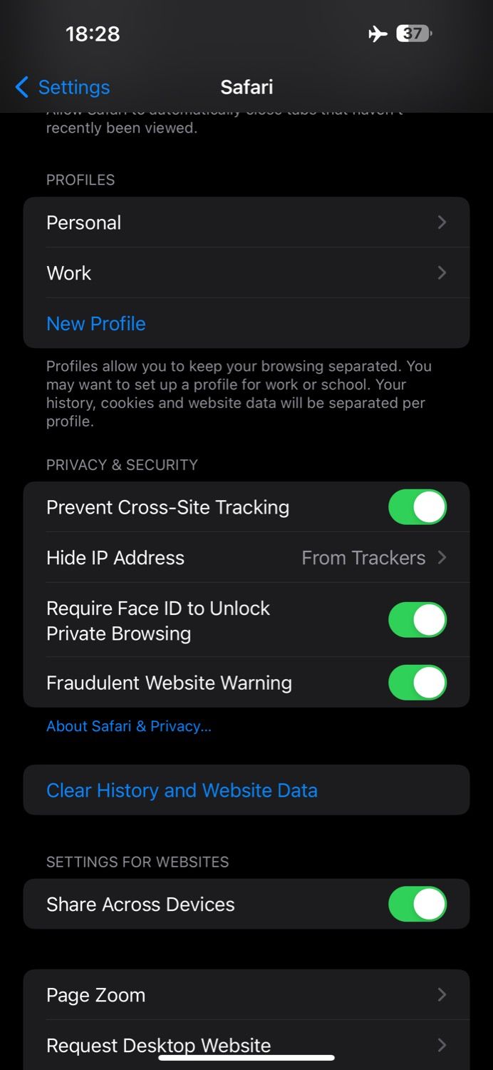 Созданный профиль в настройках Safari