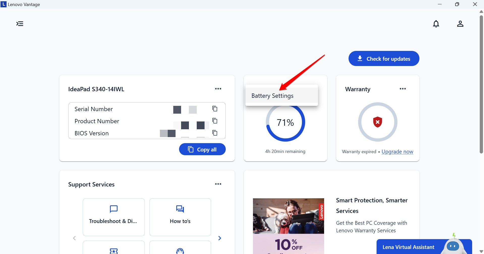 Параметры батареи в Lenovo Vantage