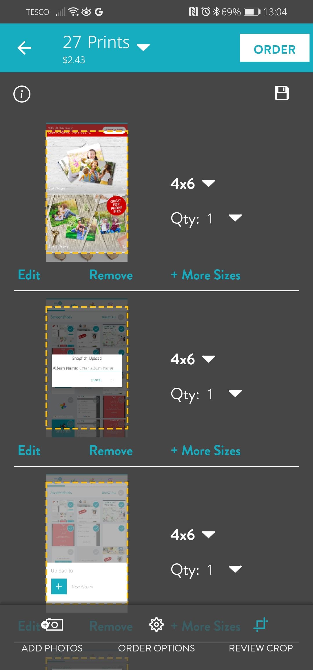 Экран редактирования перед заказом Snapfish