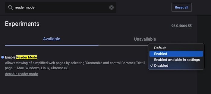 enable reader mode on chrome