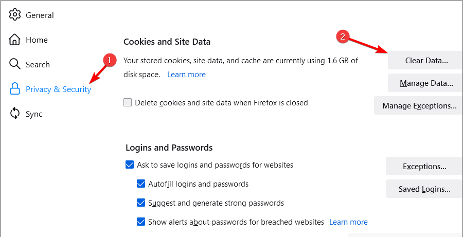 Окно Firefox для очистки кэша и данных сайта