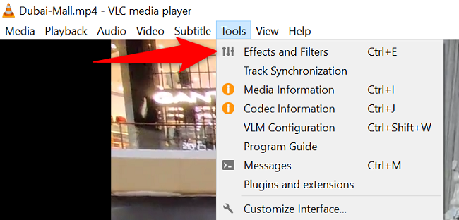 Окно выбора Tools > Effects and Filters в интерфейсе VLC