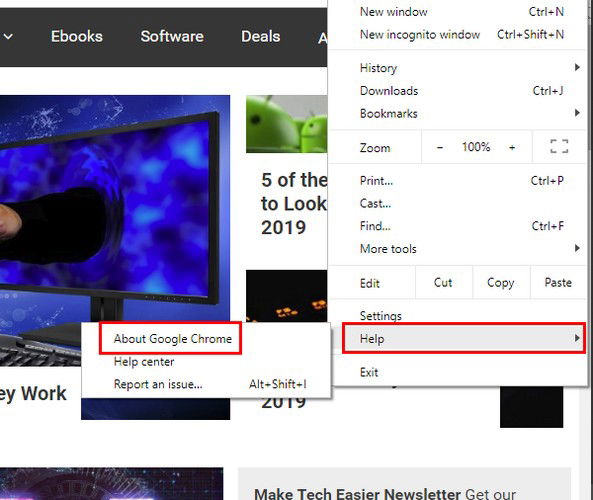 Открыто меню помощи в Chrome