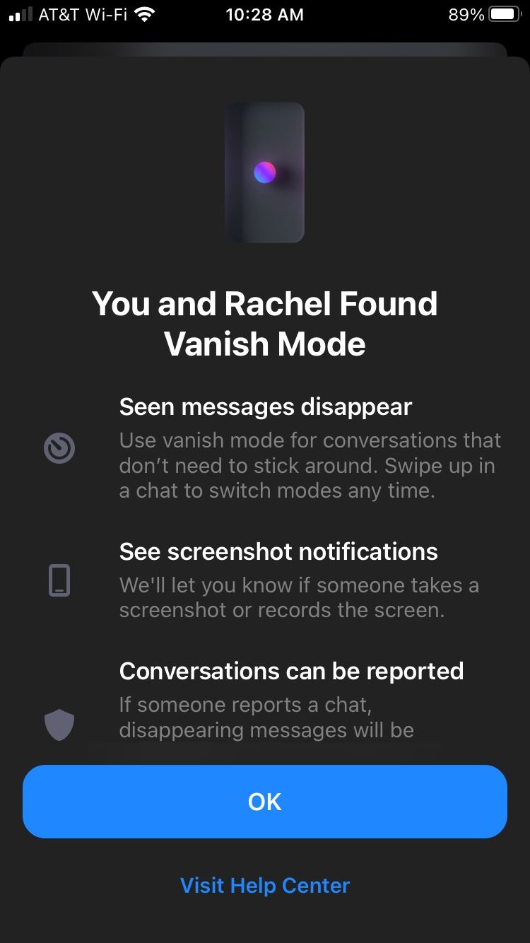 Всплывающее окно Vanish Mode в Facebook Messenger