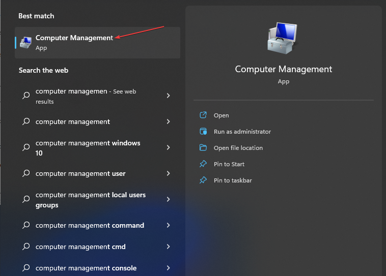 Поиск Windows: ввод compmgmt.msc