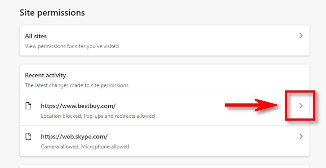 In Edge, click the arrow beside the site you want to edit permissions for.