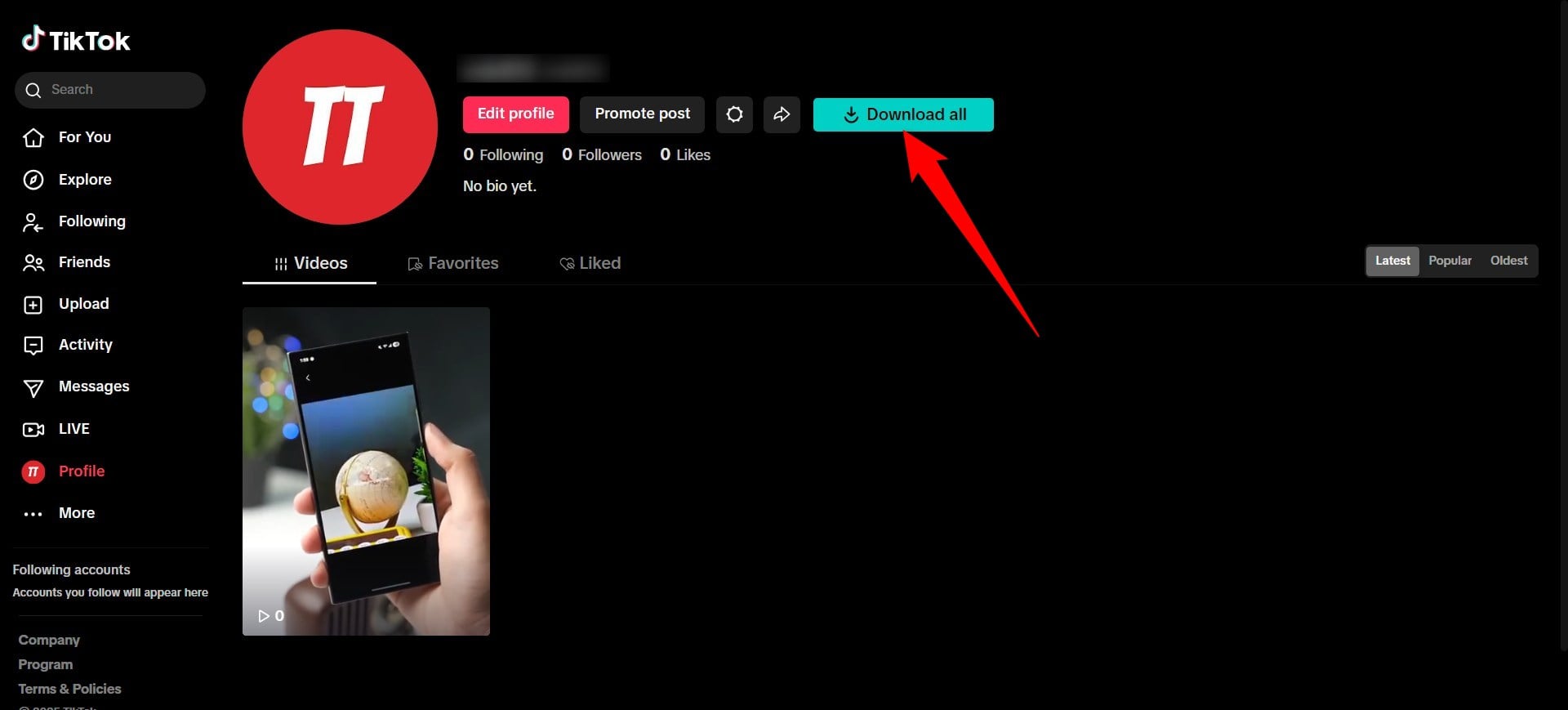Кнопка Download All в профиле TikTok