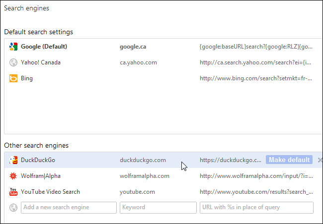Список поисковых систем с ключевыми словами по доменам в Chrome
