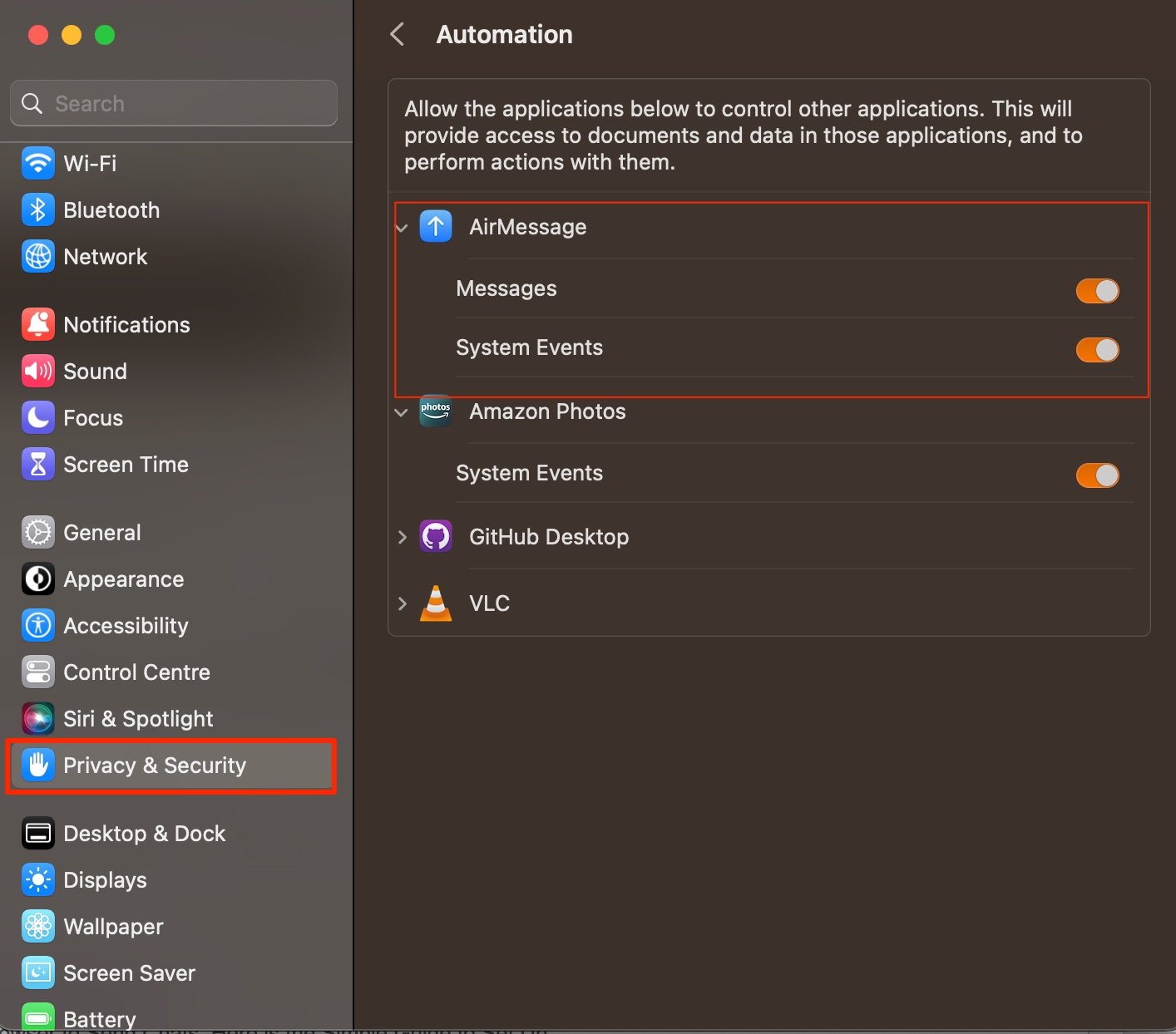 Configurar Automatización para AirMessage: marcar Mensajes y System Events