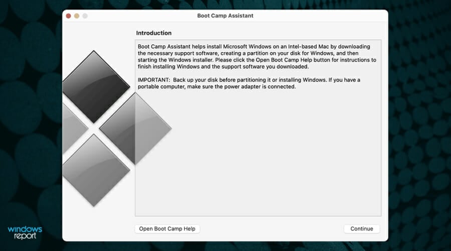 Экран приветствия Boot Camp Assistant