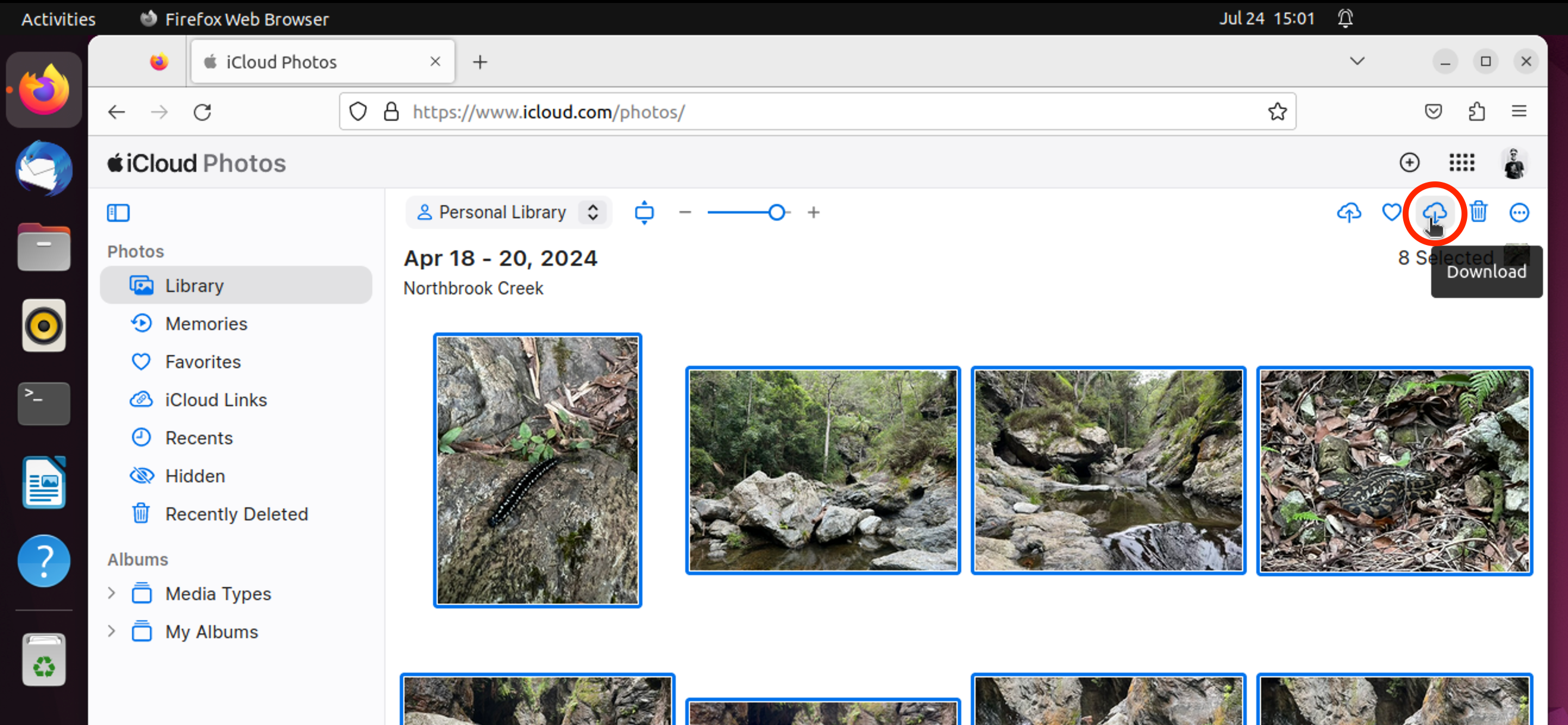 Загрузка фото с iCloud.com из браузера Firefox в Ubuntu.