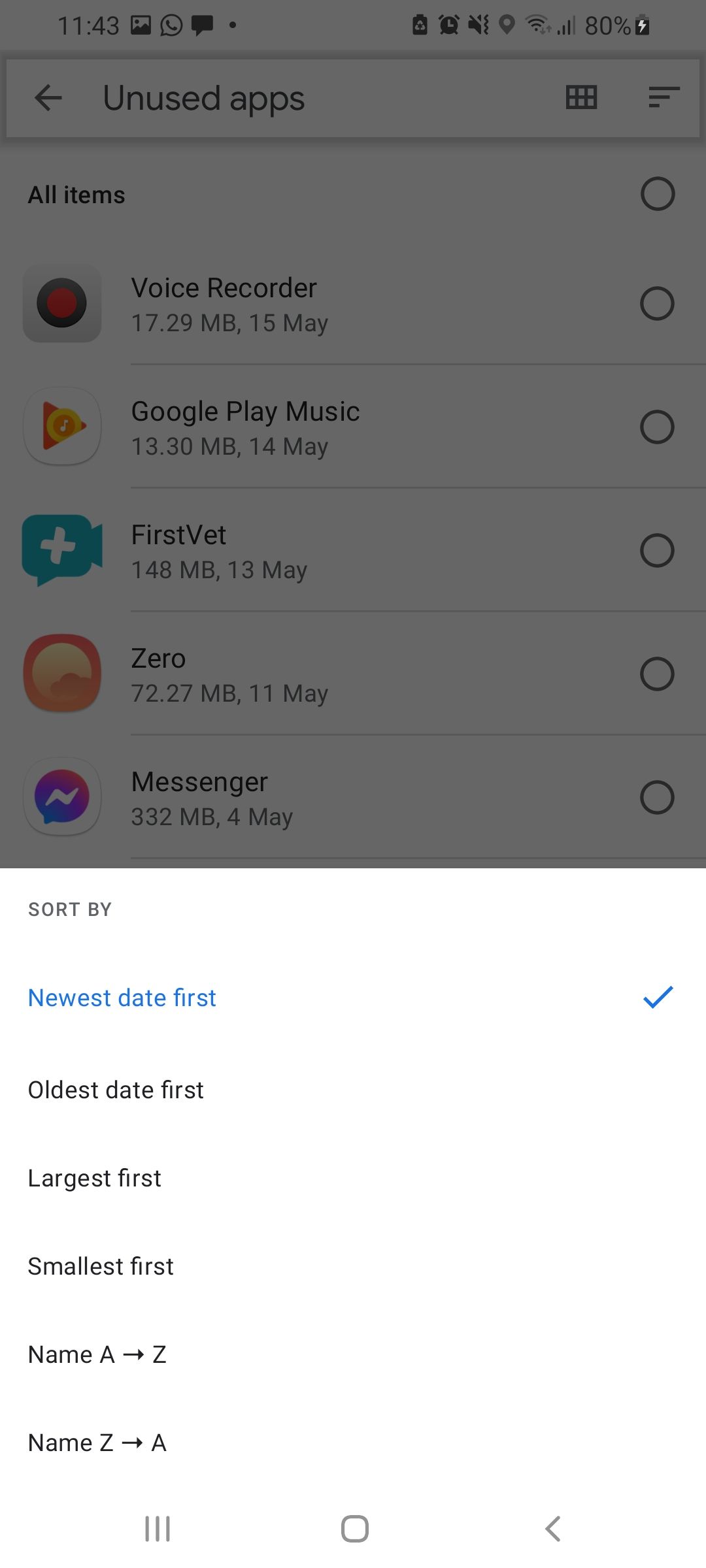 Фильтр неиспользуемых приложений в Files by Google, сортировка по дате/размеру
