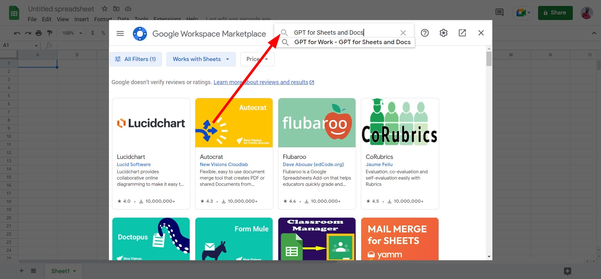 Поиск «GPT for Sheets and Docs» в магазине дополнений