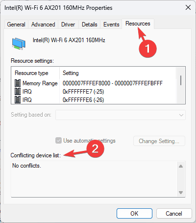 Список конфликтующих ресурсов устройства