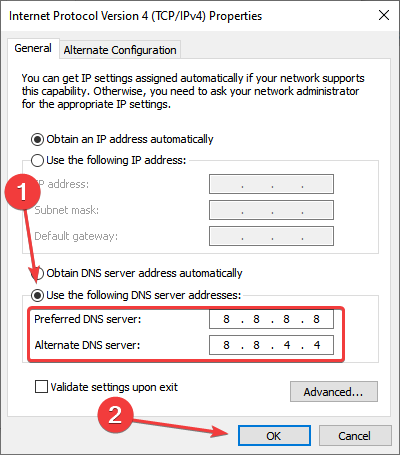 Ввод адресов DNS