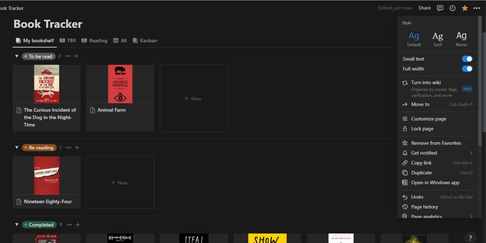 Скриншот Notion с настройками страницы для оптимального просмотра книжной полки