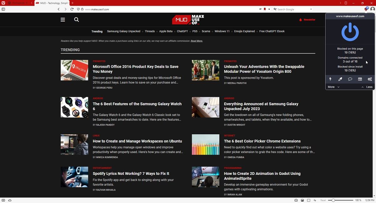 Расположение меню расширений в Vivaldi