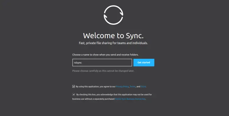 Первый запуск: ввод имени службы Resilio Sync