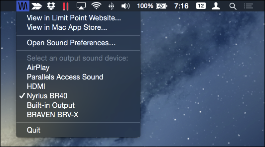 Скриншот приложения SoundOut с простым списком выходов в строке меню