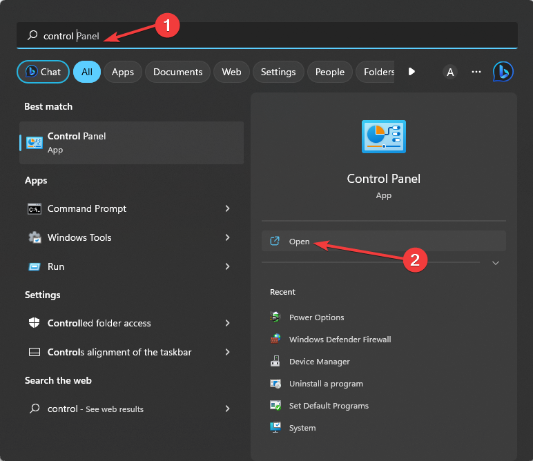 Скриншот поиска Панели управления в Windows 11