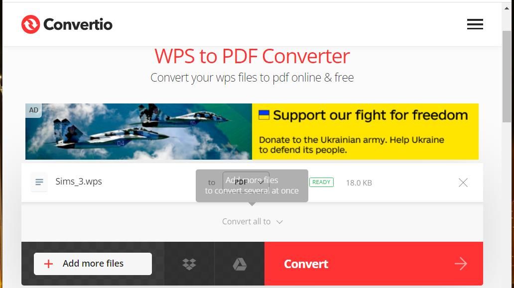 Кнопка Convert в Convertio