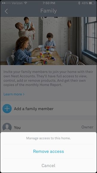 Удаление доступа у пользователя в списке семьи