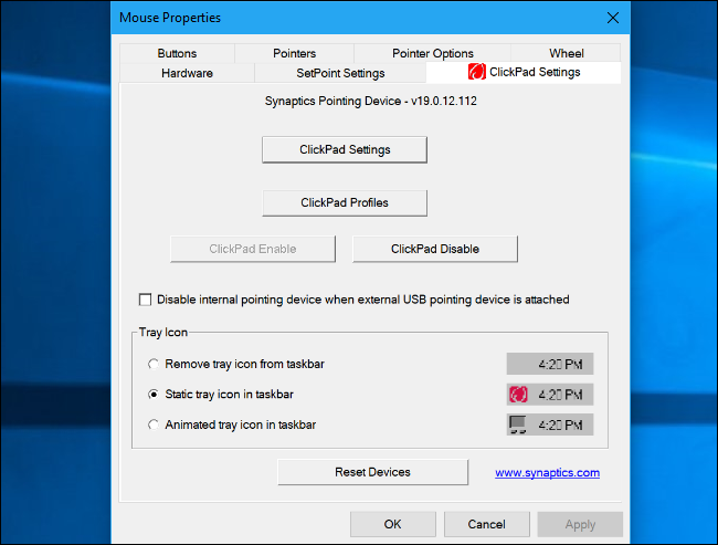Окно настроек ClickPad в Панели управления Windows