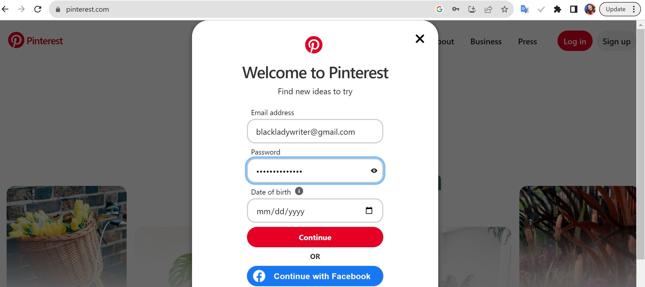 Страница личной информации для настройки бизнес-аккаунта Pinterest