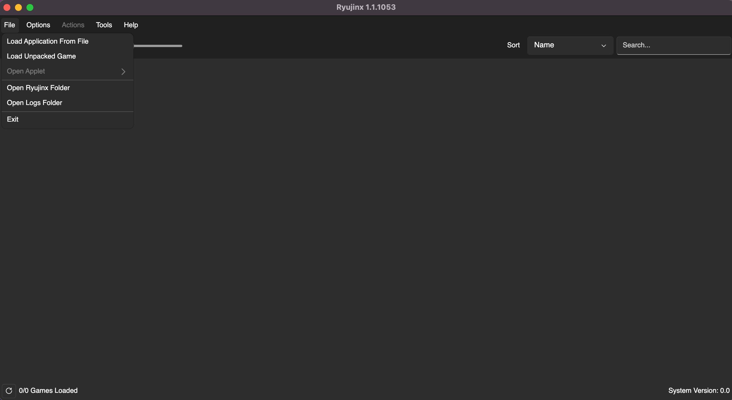 Ryujinx macOS home page open, with options to configure Ryujinx
