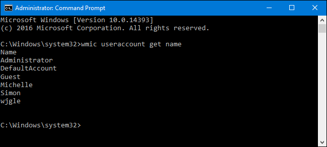 Результат команды wmic useraccount get name: список имён учётных записей