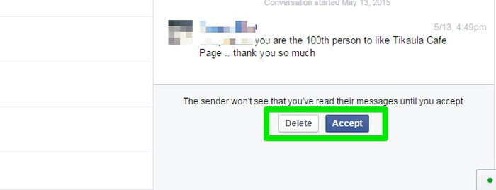 Opzioni Elimina e Accetta per le richieste di messaggi su Facebook