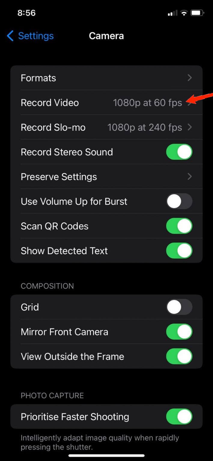Выбор 4K 60FPS в настройках камеры iPhone