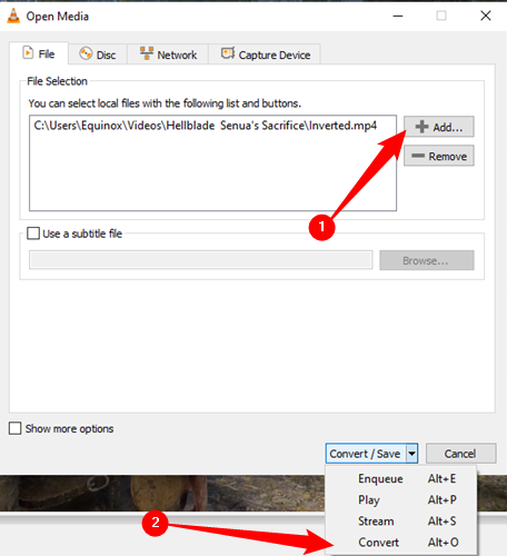 Добавление файла для конвертации в VLC