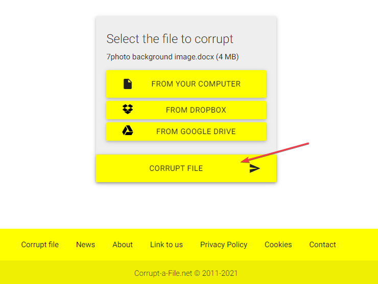 Кнопка повреждения файла на сайте File Corrupter