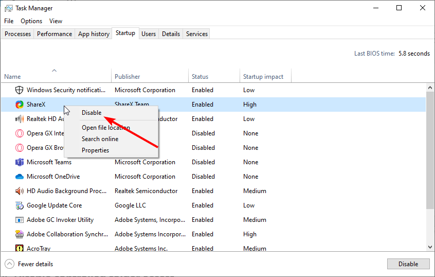 Меню 'Отключить' в Диспетчере задач для автозагрузки приложений