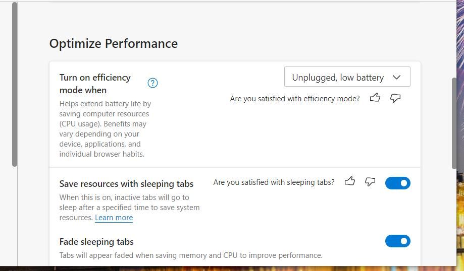 Опция «Сохранять ресурсы при засыпании вкладок» в настройках Edge