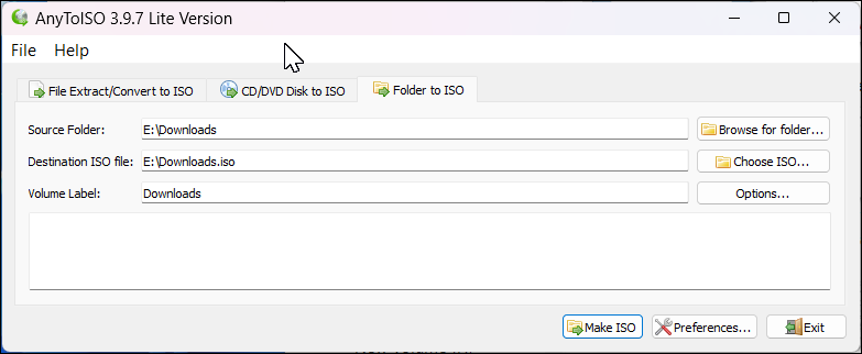 Приложение AnyToISO в Windows 11, окно конвертации папки в ISO.