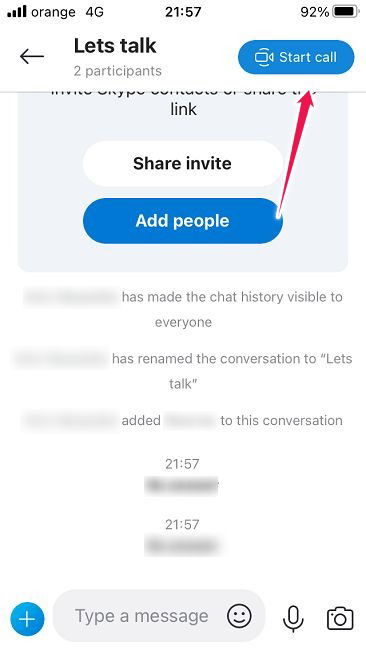 iOS Skype: начать видеозвонок в чате