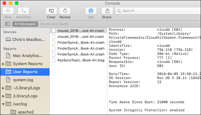 Список отчётов и файлов .crash и .diag в Console